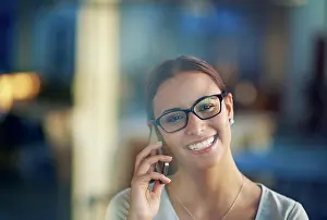Person, smile and cellphone conversation in office for communication