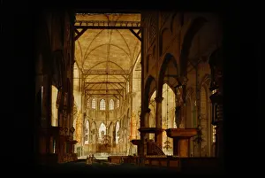 Panel Prints: Perspective box of black lacquered wood with two painted glass plates: church interior