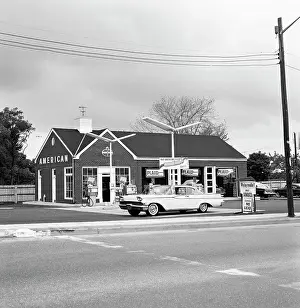 Roadway Prints: Petrol station with car parked in front, USA