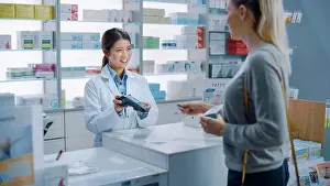 Talk Prints: Pharmacist recommending medication at the counter