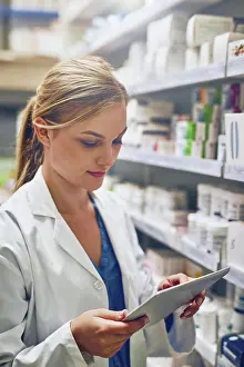 Tablet Prints: Pharmacy, woman or pharmacist with tablet for research or checking medical prescription on shelf