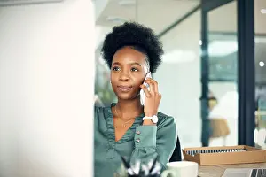 Accountant Prints: Phone call, black woman and business accountant on computer in conversation with contact