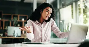 Negotiation Prints: Phone call, laptop and negotiation with business woman in office for networking