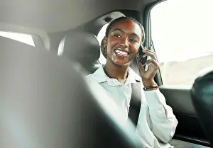 Network Prints: Phone call, smile and black woman in car to travel