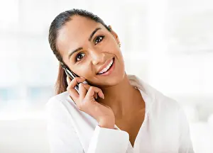 Negotiation Prints: Phone call, smile and portrait of business woman talking to contact for news