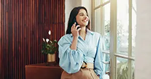 Deal Prints: Phone call, window and business woman in office for communication