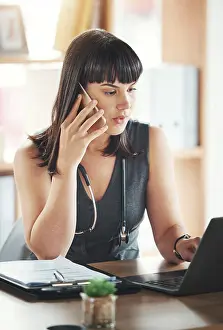 Doctors Prints: Phone call, woman and doctor on laptop