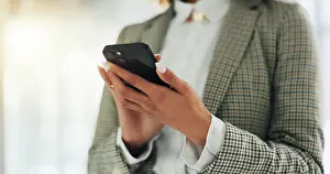 Networking Prints: Phone, hands and businesswoman in office with networking