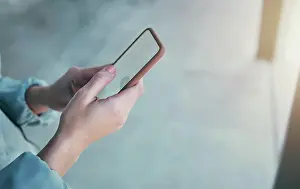Advertisement Prints: Phone, mockup and hands of business person in office for social media