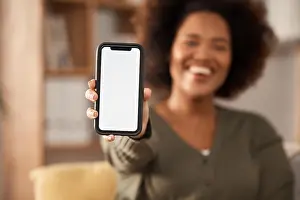 Gadget Prints: Phone screen, mockup and app, advertising and woman with smartphone in hand
