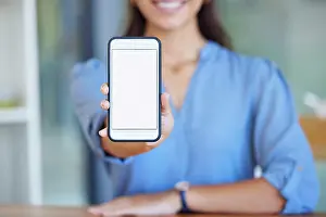 Cellphone Prints: Phone screen, mockup and office hands for mobile app