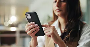 Venue Prints: Phone, scroll and reading with business woman in office for event planning