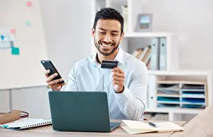 Financial Prints: Phone shopping, credit card and business man finance payment with smartphone