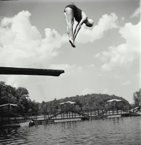 Jump Prints: Photo by Josef Scaylea. Vintage Photograph. Diver jumping off board into water