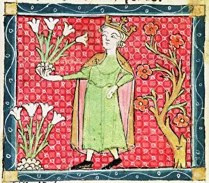 Cape Prints: Picking Flowers 13th C. Master Ermengaut(-1322 French) Vellum Biblioteca Monasterio del Escorial