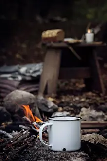 Out Door Prints: Picnic in the woods with a cup of tea close to the fire