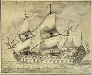 Royal Prints: Pierre Puget black and gray ink drawing on parchment of the ship Royal Louis