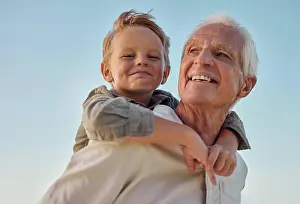 Grandfather Prints: Piggyback, child and grandfather with smile in nature for freedom