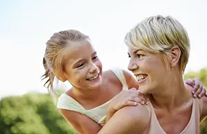 Mothers Day Prints: Piggyback, happiness and mom with kid to play outdoors for bonding