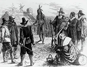 Full Length Prints: Pilgrims at Plymouth-Visit of Samoset to The Colony, March 1621 Artist Unknown