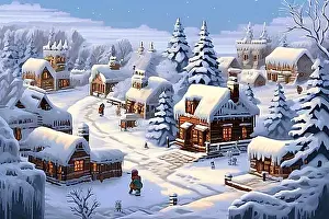 Atmospheric Light Prints: Pixel art village in the throes of snowy winter in warm golden light, AI generated