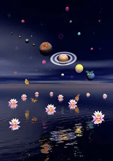 Outer Space Prints: Planets of the solar system surrounded by several nebulae