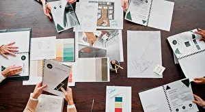 Paperwork Prints: Planning, creative and above of business people in meeting for project ideas
