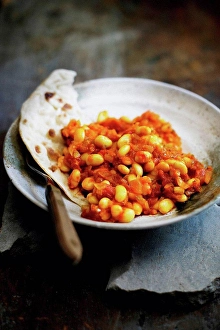 Cooking Utensil Prints: Plate of beans with flatbread