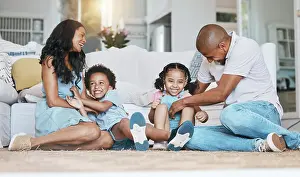 Relaxed Prints: Play, family and happy parents and children on floor for bonding