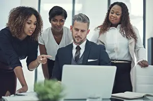 Talk Prints: Pointing, discussion or business people in meeting with laptop for project