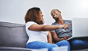Lounge Prints: Pointing, laptop and couple on sofa for online shopping