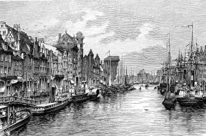 Harbor Prints: Poland Gdansk (Gdansk) long bridge inland port wood engraving 1900
