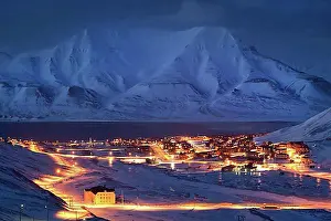 Luminous Prints: Polar night, the town of Longyearbyen at dusk, Spitsbergen, Svalbard, Norway, Europe