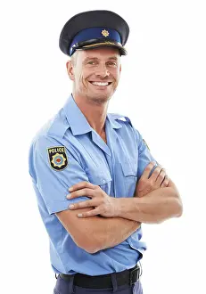 Justice Prints: Police officer, arms crossed and man isolated on a white background for career vision