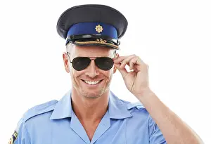Justice Prints: Police officer man in sunglasses isolated on a white background
