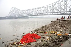 Link Prints: Pollution on Babu ghat Howrah bridge over Hooghly river in background ; Calcutta now Kolkata ; West Bengal ; India