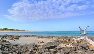 Reise Prints: Porto Cesareo beach View of Big Island or Isola Grande Nature Reserve also known as the Island of the Rabbits