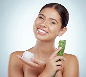 Skincare Prints: Portrait, aloe vera and woman with cream