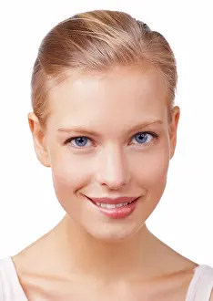 Dermatology Prints: Portrait, beauty and woman biting lip in studio isolated on white background for natural confidence