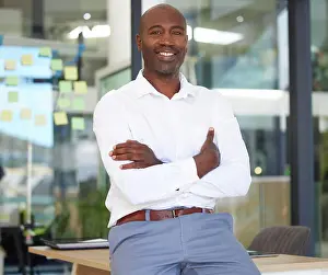 Entrepreneur Prints: Portrait, business smile and black man with arms crossed in office with pride for career