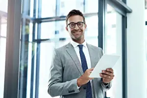 Documentation Prints: Portrait, businessman and internet with tablet in office for networking