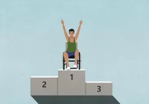 Disability Prints: Portrait confident paraplegic athlete in wheelchair on 1st Place podium