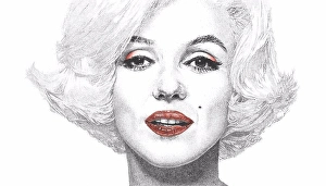 Lips Prints: Portrait drawing of Marylin Monroe. Pen and Ink Digital Coloring