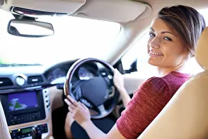 Commute Prints: Portrait, driving and happy woman on morning commute