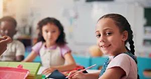 Students Prints: Portrait, education and writing with girl in classroom for child development