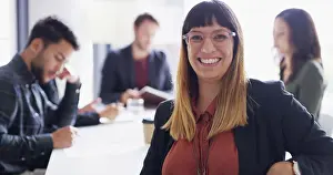Meet Prints: Portrait, employee and woman with group in boardroom