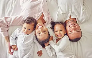 Family Home Prints: Portrait of family home, kids and parents on bed for fun morning
