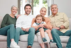 Good Prints: Portrait, generations and happy big family on sofa for love