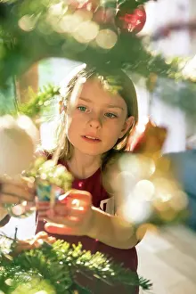 Red Letter Day Prints: Portrait of girl decorating Christmas tree