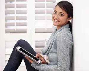 Happy Woman Prints: Portrait of girl on floor with tablet